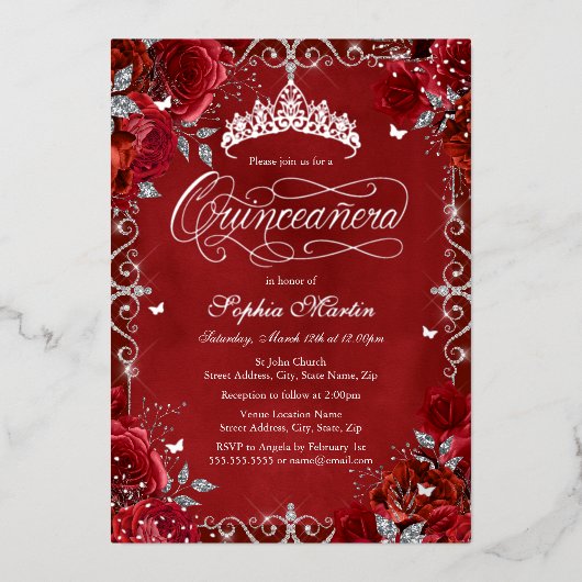Royal Red Silver Butterfly Rosen Quinceanera Folieneinladung (Vorderseite)