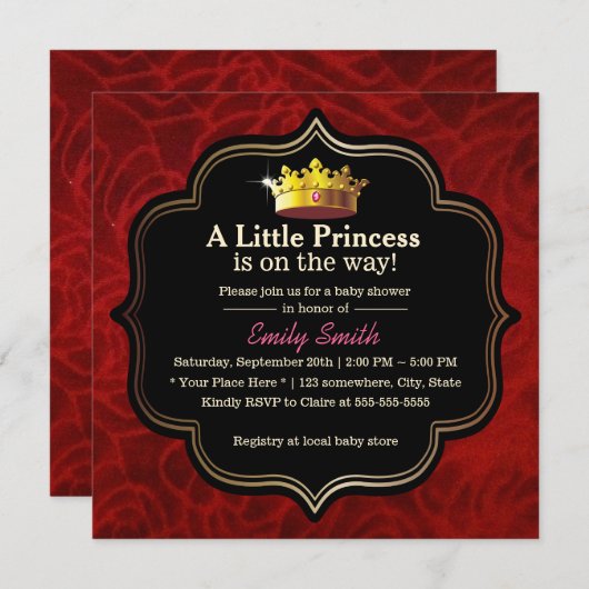 Royal Red Velvet Little Princess Crown Baby Dusche Einladung (Vorne/Hinten)