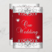 Royal Red Wedding Silver Diamond Hearts Einladung (Vorne/Hinten)