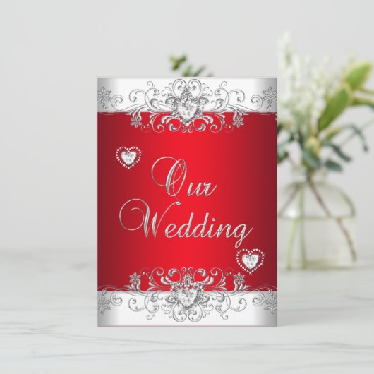 Royal Red Wedding Silver Diamond Hearts Einladung (Stehend Vorderseite)