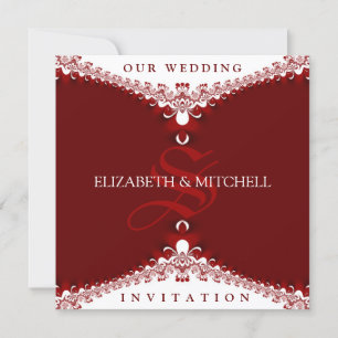 Royal Red+White Lace Monogram Wedding Einladungen