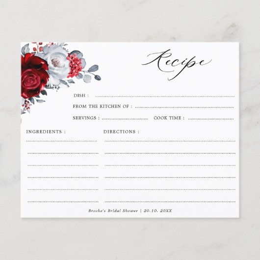 Royal Red White Silver Bridal Shower Recipe card (Vorderseite)