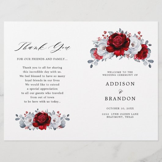 Royal Red White Silver Floral Wedding Program (Vorderseite)