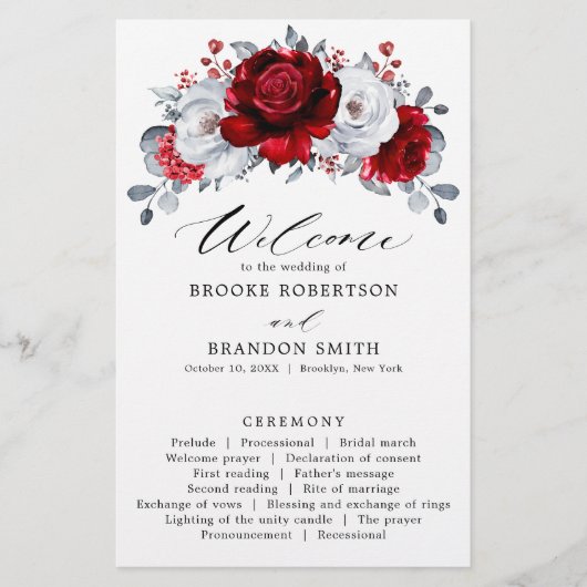 Royal Red White Silver Floral Wedding Program (Vorderseite)