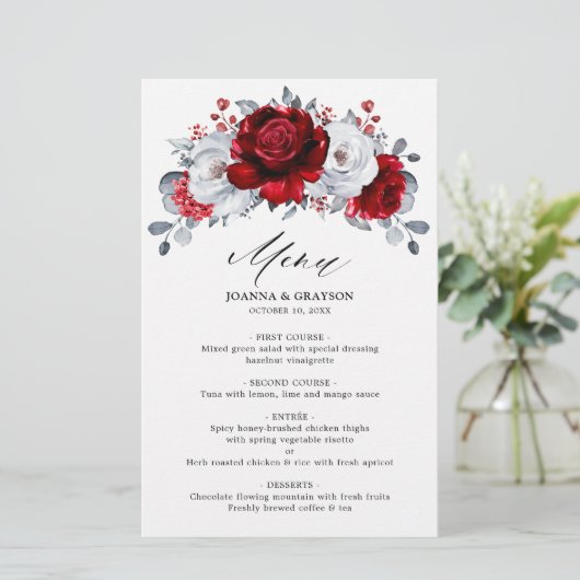 Royal Red White Silver Metallic Floral Wedding (Stehend Vorderseite)