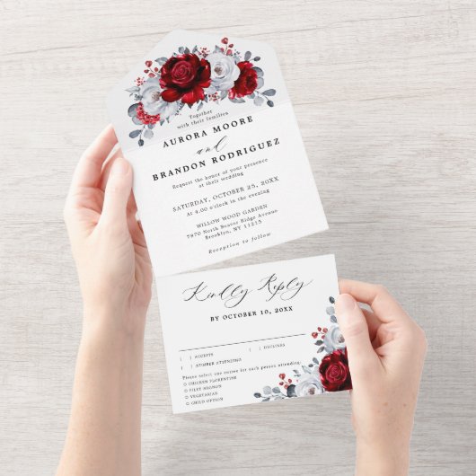 Royal Red White Silver Metallic Floral Wedding All In One Einladung (Abreißen)