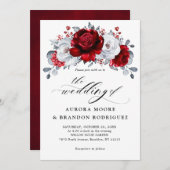 Royal Red White Silver Metallic Floral Wedding Einladung (Vorne/Hinten)