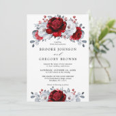 Royal Red White Silver Metallic Floral Wedding Einladung (Stehend Vorderseite)