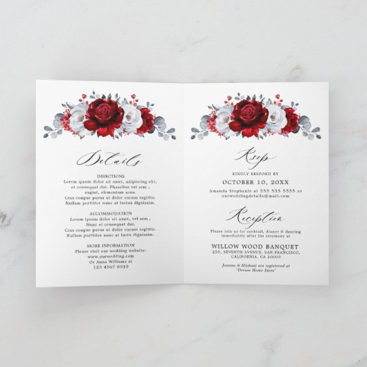 Royal Red White Silver Metallic Floral Wedding Einladung (Innenseite)