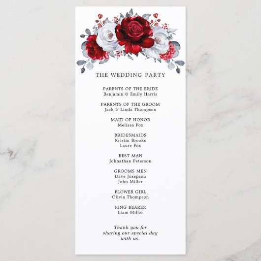 Royal Red White Silver Metallic Floral Wedding Programm (Rückseite)