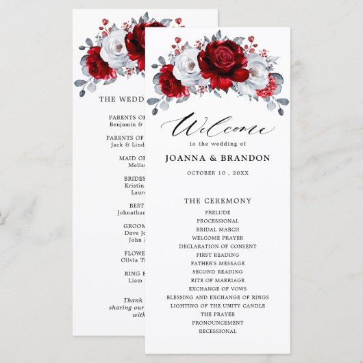 Royal Red White Silver Metallic Floral Wedding Programm (Vorne/Hinten)