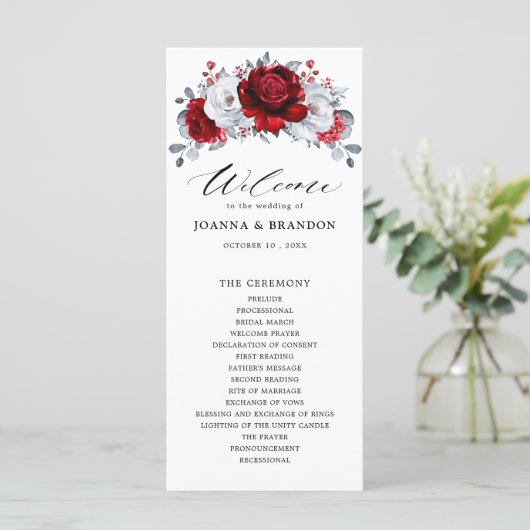 Royal Red White Silver Metallic Floral Wedding Programm (Stehend Vorderseite)