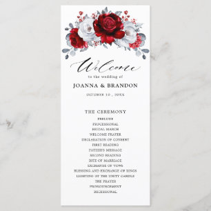Royal Red White Silver Metallic Floral Wedding Programm