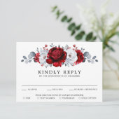 Royal Red White Silver Metallic Floral Wedding RSVP Karte (Stehend Vorderseite)