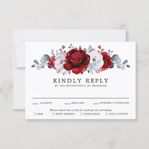 Royal Red White Silver Metallic Floral Wedding RSVP Karte