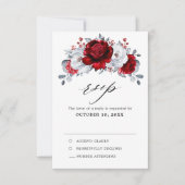 Royal Red White Silver Metallic Floral Wedding RSVP Karte (Vorderseite)
