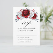 Royal Red White Silver Metallic Floral Wedding RSVP Karte (Stehend Vorderseite)