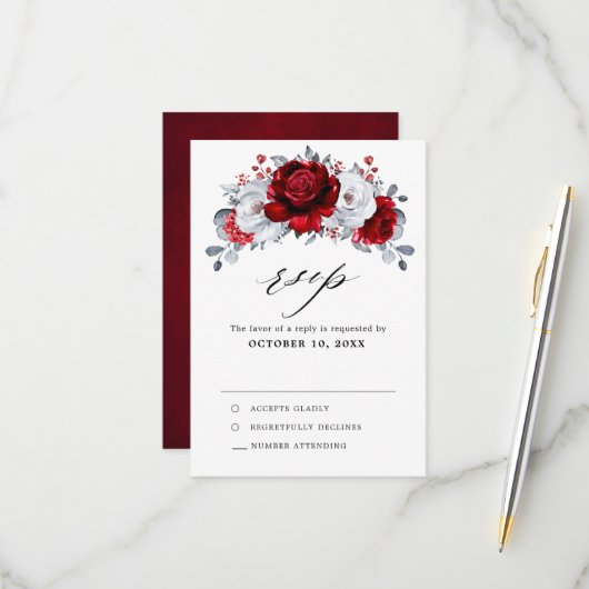 Royal Red White Silver Metallic Floral Wedding RSVP Karte (Vorderseite/Rückseite Beispiel)