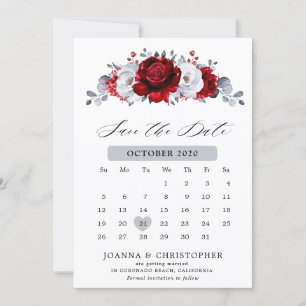 Royal Red White Silver Metallic Floral Wedding Save The Date