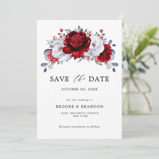 Royal Red White Silver Metallic Floral Wedding Save The Date (Stehend Vorderseite)