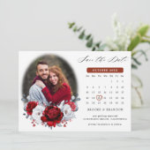 Royal Red White Silver Metallic Foto Calendar Save The Date (Stehend Vorderseite)