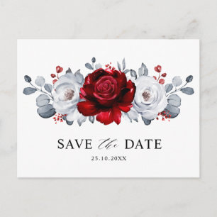 Royal Red White Silver Metallic Save the Date Postkarte