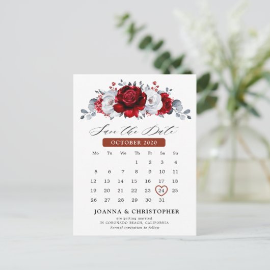 Royal Red White Silver Metallic Save the Date Postkarte (Stehend Vorderseite)