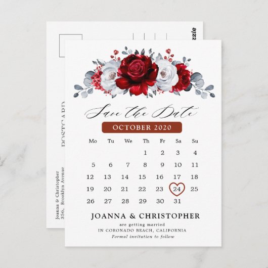 Royal Red White Silver Metallic Save the Date Postkarte (Vorne/Hinten)