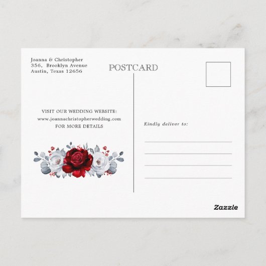 Royal Red White Silver Metallic Save the Date Postkarte (Rückseite)