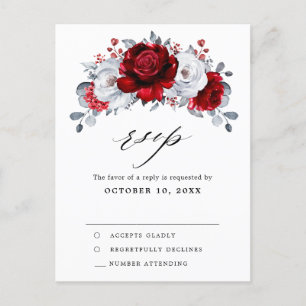 Royal Red White Silver Metallic Wedding RSVP Postkarte