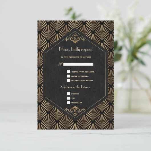 Royal Roaring 20's Gold Black Great Wedding RSVP Karte (Stehend Vorderseite)