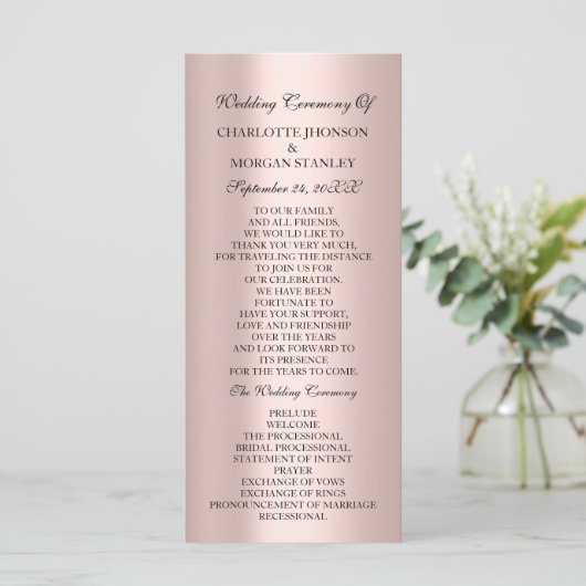 Royal Rose Blush Pink Minimalismus Hochzeit Programm (Stehend Vorderseite)