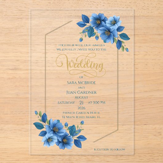 Royal Sapphire Floral Acrylic Wedding Invitation Acryleinladungen (Vorderseite)
