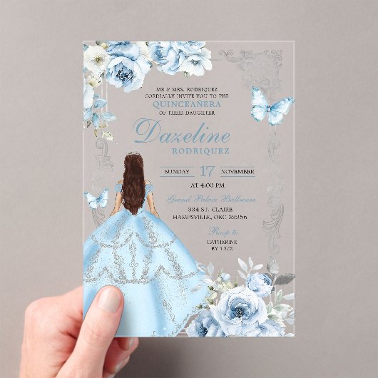 Royal Silver Light Blue Princess Quinceañera Acryleinladungen (Insitu (Handheld))