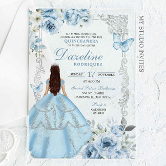 Royal Silver Light Blue Princess Quinceañera Acryleinladungen