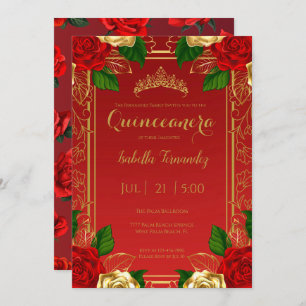 Royal Spanish Red & Gold Rose Quinceañera Einladung