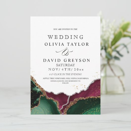 Royal Sparkle Emerald Green Elegant Agate Wedding Einladung (Stehend Vorderseite)