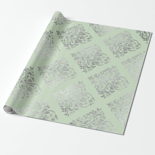 Royal Squares Damask Mint Green Silver Vip Geschenkpapier (Ungerollt)