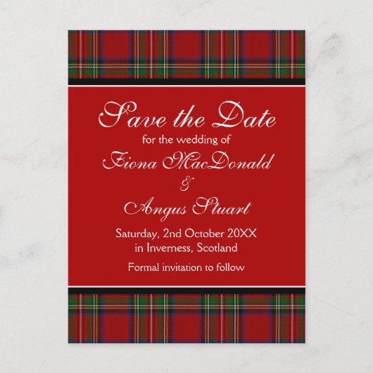 Royal Stuart Tartan Wedding Save the Date Postcard Ankündigungspostkarte (Vorderseite)