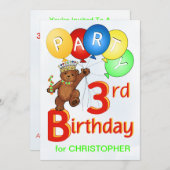 Royal Teddy Bear 3. Geburtstag Party Einladung (Vorne/Hinten)