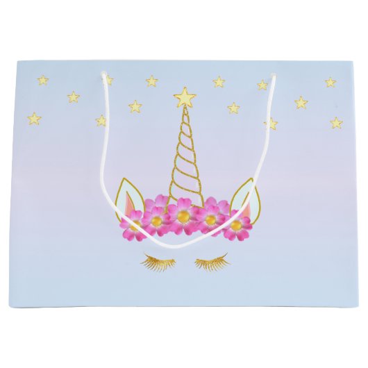 Royal Unicorn, Blume & Sterne auf Light Blue Große Geschenktüte (Vorderseite)