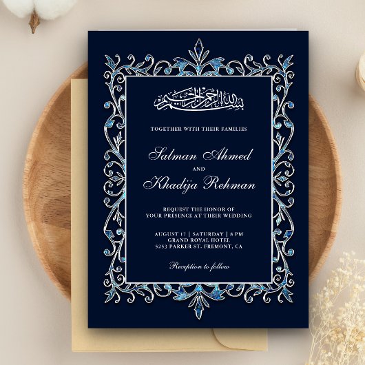Royal Verziert Sapphire Blue Islamic Muslim Weddin Einladung