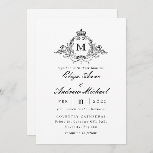 Royal Wappen Elegant Wreath Monogram Wedding Einladung (Vorne/Hinten)