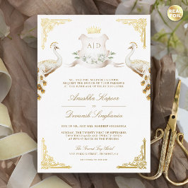 Royal Wappen Indian White Peacock Wedding Gold Folieneinladung