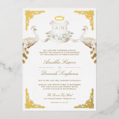 Royal Wappen Indian White Peacock Wedding Gold Folieneinladung (Vorderseite)