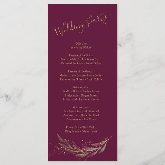 Royal Wedding burgundy All in One Wedding Programm (Rückseite)