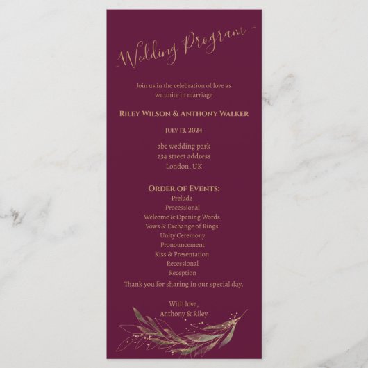 Royal Wedding burgundy All in One Wedding Programm (Vorderseite)