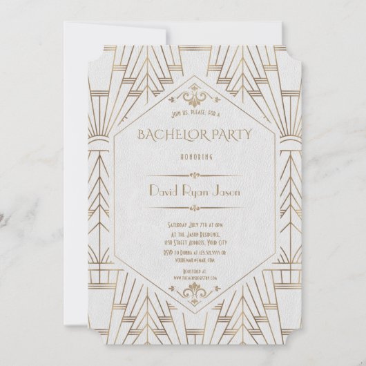 Royal White Gold Great Gatsby Bachelor Party Einladung (Vorderseite)