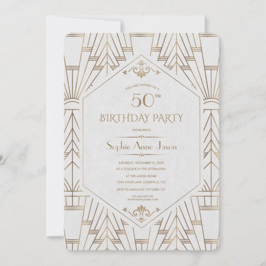 Royal White Gold Great Gatsby Birthday Party Einladung (Vorderseite)