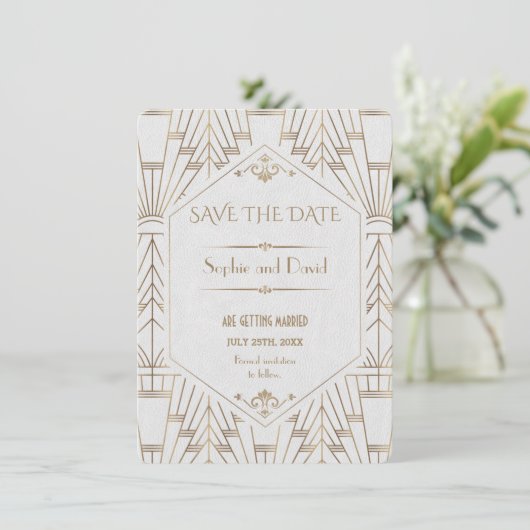 Royal White Gold Great Gatsby Save the Date Einladung (Stehend Vorderseite)